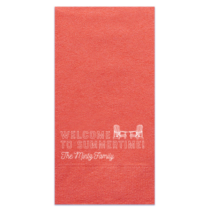 Celebrate the season with the Welcome to Summertime Napkin. Two Adirondack chairs beckon under the sun, ready for lively outdoor gatherings. This napkin is your invitation to relax, with your family name adding a personal touch to the ultimate summer vibe.