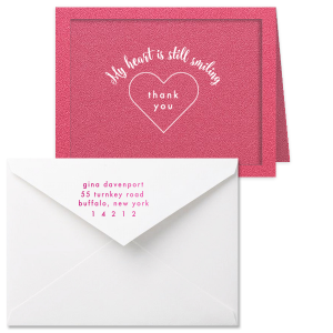 Custom Poptone Fuschia Classic Note Card with Envelope with Matte White Foil and Shiny Fuchsia Foil has a Thank You Heart graphic and is good for use heart themed parties and will look fabulous with your unique touch. Your guests will agree!