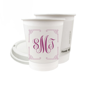 Our personalized 8 oz Paper Coffee Cup with Lid with Matte Dark Magenta Ink  has a Rococo Frame graphic and is good for use in Anniversary, Wedding, and Birthday themed parties and will add that special attention to detail that cannot be overlooked.