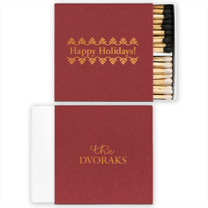 Ignite the festive spirit with the Happy Holidays Family Name Matchbox, framed by twinkling trees. The joyous greeting and 'the [Family Name]' on the back bring a personal spark to your seasonal celebrations, lighting up holiday warmth.