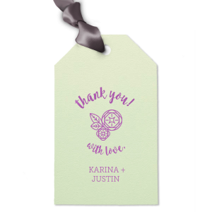 Thank guests for attending your wedding with a small favor tied with a themed gift tag. Personalize our Peony design with your names and date. Keep our Mint paper and Plum foil or choose your own theme colors. 