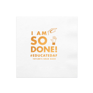 Custom White Luncheon Napkin with Shiny Copper Foil has a Grad Cap Toss graphic and is good for use in Graduation themed parties and will give your party the personalized touch every host desires.