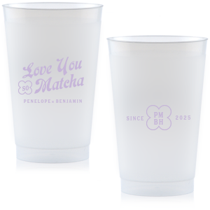 Customize a modern and unique cup for your upcoming event! Featuring text that says Love You so Matcha, you can personalize this cup with the couple's names, initials, and date.