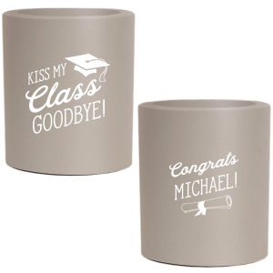 The ever-popular Slate Gray Flat Can Cooler with Matte White Ink Cup Ink Colors has a Cap graphic and a Graduation Scroll graphic and is good for use in Graduation themed parties and can be customized to complement every last detail of your party.