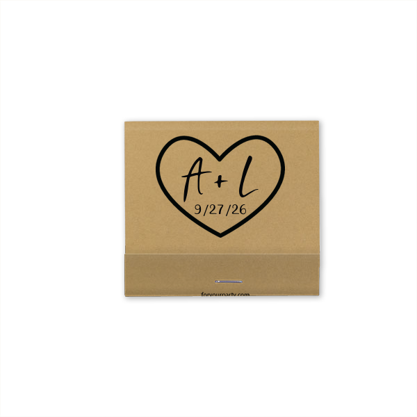Our custom Natural Khaki 30 Strike Matchbook with Matte Black Foil has a Heart Outline graphic and is good for use in Hearts, Wedding themed parties and can be personalized to match your party's exact theme and tempo.