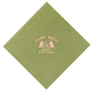 Gather around the campfire with the Camp Bachelorette Wilderness Napkin, personalized with "Camp Bach" arching over a charming tent and trees graphic, and the bachelorette's name prominently displayed below. A rustic yet chic touch to any outdoor bachelorette adventure.