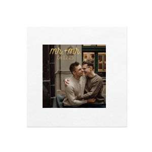 Our custom White Borderless Custom Photo + Foil Cocktail Napkin with Shiny 18 Kt Gold Foil has a Mr. and Mr. 2 graphic and is good for use in Words, Wedding themed parties and will add that special attention to detail that cannot be overlooked.