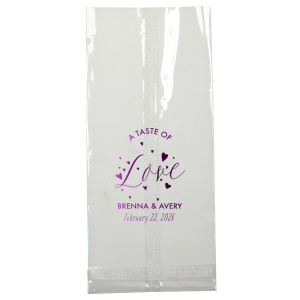 Fill the A Taste of Love Bag with delights as sweet as the sentiment it carries. 'Love' bursts forth, surrounded by joyful hearts, while the couple's names and date below savor the flavor of a heartfelt celebration.