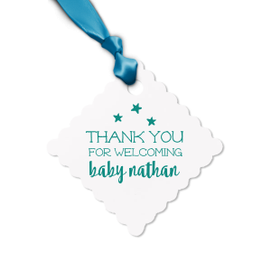 Say thank you with personalized gift tags as sweet as the soon-to-be-arriving baby! The whimsical serif font, bold modern script and cute little stars on this yellow tag with blue ribbon will make a darling finish to your baby shower party favors.