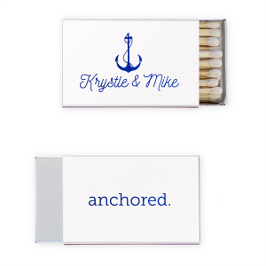 Kindle a sense of steadfast unity with the Anchored in Love Names Matchbox featuring a bold 'anchored.' statement and a classic anchor symbol. Below, the couple's names in simple script affirm a love as enduring as the deepest ocean.