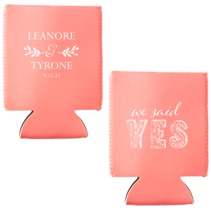 Our custom White Slim Can Cooler with Matte Dark Magenta Ink has a Twig Flourish graphic and a Yes graphic and is good for use in Wedding themed parties and will look fabulous with your unique touch. Your guests will agree!