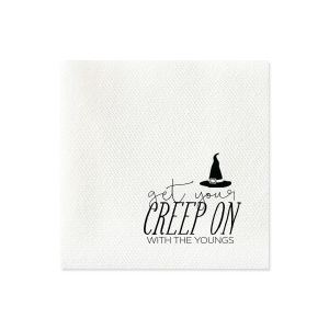 Our personalized Black Linen Like Cocktail Napkin with Matte White Foil has a Witch's Hat graphic and is good for use in Halloween themed parties and will impress guests like no other. Make this party unforgettable.