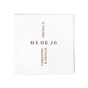 Celebrate your union with the Central Date Flair Napkin, where the wedding date takes center stage, boldly inscribed between the ascending couple's names and location details. A striking layout for an unforgettable matrimonial event.