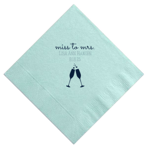Our personalized Aqua Cocktail Napkin with Matte Navy Foil Color has a Flutes 2 graphic and is good for use in Drinks, Wedding, Holiday themed parties and will impress guests like no other. Make this party unforgettable.