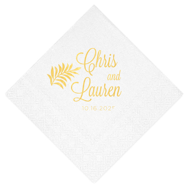 Infuse tropical elegance into your wedding with the Palm Branch Wedding Napkin, where a single palm frond adds a touch of paradise. The couple's names, scripted in flowing flourishes, and the date below offer a serene backdrop to your blissful celebration.