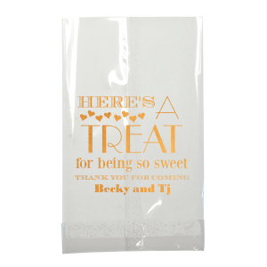 ForYourParty's personalized White Goodie Bag with Shiny Copper Foil has a Hearts graphic and is good for Wedding and other special occasion parties and will look fabulous with your unique touch. Your guests will agree!