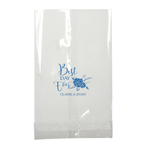 Our custom White Goodie Bag with Matte Royal Blue Foil Color has a Floral Vine RSVP graphic and is good for use in Lovely Press themed parties and can be customized to complement every last detail of your party.
