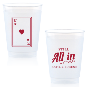 Celebrate lasting love with the Playing Card Still All In Anniversary Cup. One side adorns a hearts playing card graphic, personalized with your initials. The other side is inscribed with "Still All In," alongside the celebratory year and the couple's names, symbolizing a winning hand in marriage.