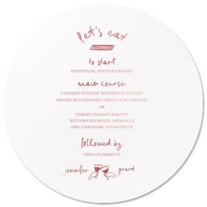 Delight your guests with the Kitschy Cocktail Hour Whimsical Wedding Menu, a playful addition to a whimsical and modern wedding. Featuring the couple's names in a graceful script, surrounded by quirky graphics of hands cheering and a penne pasta proclaiming "Let's eat." Personalize with your wedding's culinary selections for a charming dining experience.