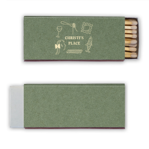 Welcome guests to your new home with the Hearthside Doodle Delight Matchbook, personalized with your name in a sleek serif font. Encircled by chic line drawings of culinary delights, it's a charming nod to the joys of home entertaining.