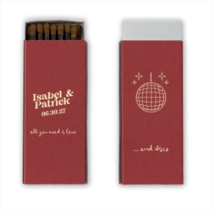 Light up the dance floor with the Love and Disco Wedding Matchbook, where retro meets romance. One side features the couple's names and the date of the event, slanting above the timeless "all you need is love" in a flowing script. The flip side keeps the beat with "...and disco," underscored by a dazzling disco ball and sparkles, ensuring your wedding strikes just the right note.