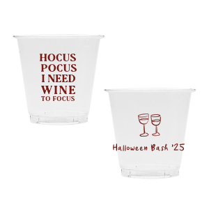 The Hocus Pocus Focus Cup is the ideal custom Halloween party accessory.  Featuring the phrase "hocus pocus I need candy to focus" and a modern and minimal graphic of wine glasses, you can personalize with your name, and the year. This chic Halloween accessory will be a hit at your autumnal events. 