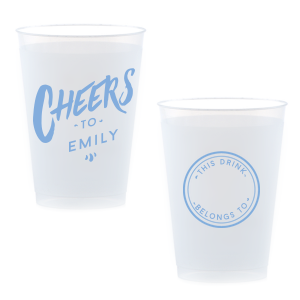 Celebrate with the Personal Cheers Cup, a dual-sided design featuring bold 'CHEERS to' and the celebrant's name on one side. The other side cleverly sports a circle badge reading 'This Drink Belongs To', with space for guests to personalize, combining fun and functionality at any event.