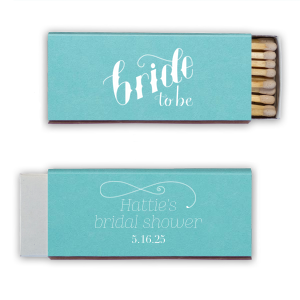 Illuminate the path to 'I do' with the Bride to Be Matchbox, flaunting 'bride to be' in vibrant script. The back swirls with a graceful scroll, highlighting the bride's name, 'bridal shower,' and the date for an enchanting pre-wedding spark