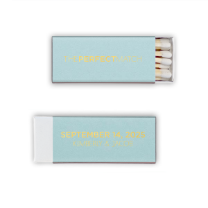 The Bold Perfect Match Name & Date Wedding Match design strikingly highlights the word "Perfect" and the wedding date in emphasized text, contrasting with the elegantly presented names. This play on text emphasis creates a stylish, memorable, and eye-catching matchbox. 