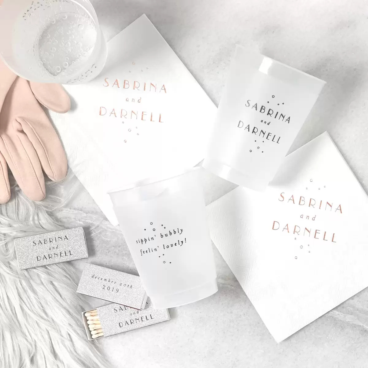Frosted cocktail napkins and frost flex cups combine for a perfectly wintery texture at your winter wedding.