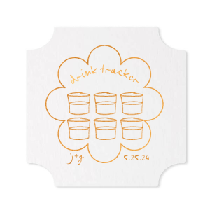 Keep tabs on the evening's libations with the Kitschy Cocktail Hour Drink Tracker Coaster, an inventive element for a whimsical and modern wedding. This unique coaster features floral-framed modern line drawings of glasses, providing a chic way for guests to mark their drink count. Personalize with the couple's initials and wedding date for a functional yet stylish keepsake.