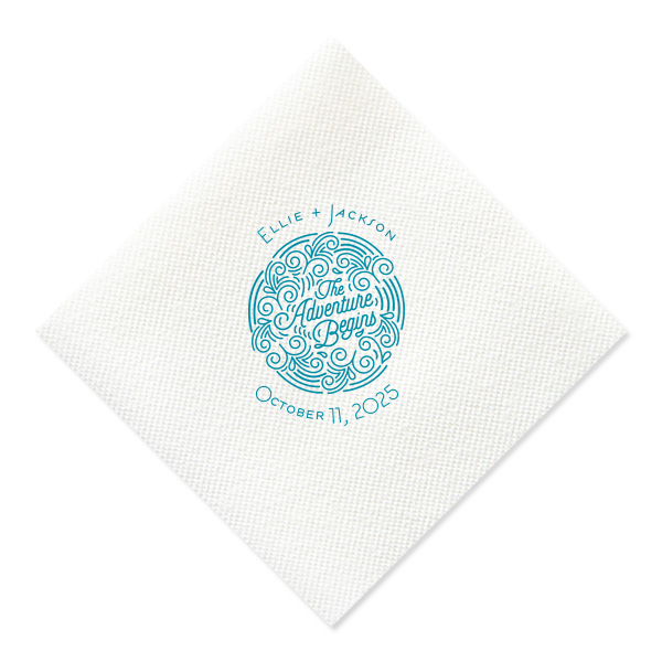 Add the perfect touch to your bar, dessert table or appetizers with this Adventure Begins personalized Ivory napkin. Pair your names and date with our Adventure Badge for a seamless detail in your outdoor themed wedding.