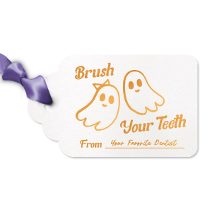 Elevate your Halloween party accessories with the Groovy Halloween Tag. Featuring two adorable ghosts, you can personalize with your name. Add it to a trick or treat bag or cookie bag for an unforgettable personalized detail. 