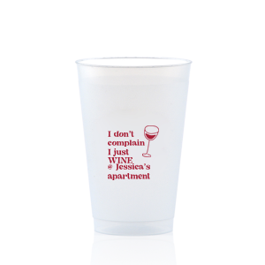 Toast to new beginnings with the Witty Wine Welcome Cup, featuring the clever quip "I don't complain I just wine," topped with a sleek, minimal wine glass drawing. Personalize with your names in a contemporary font for a housewarming filled with laughs and good cheer.