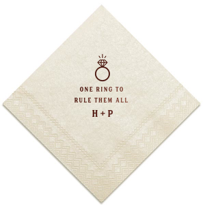 Our custom Ivory Cocktail Napkin with Shiny 18 Kt Gold Foil has a Diamond Ring graphic and is good for use in Wedding, Bridal Shower themed parties and will impress guests like no other. Make this party unforgettable.