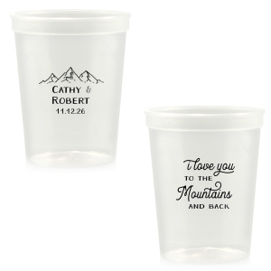 The Peak Romance Cup artfully marries whimsy with nature. It features “I love you to the Mountains and Back” in playful, peak-like script on one side, and a trio of snow-capped mountains with the couple’s names and date on the other, perfect for mountain-themed weddings.