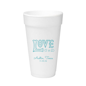 Customize this cup for themed wedding barware your guests will enjoy. Featuring our Love word art, add the bride and groom's initials, wedding location and date for a personal touch. Perfect for a casual or outdoor reception, these foam cups can hold either hot or cold drinks. 