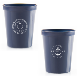 ForYourParty's chic Navy 16 oz Stadium Cup with Matte White Ink Cup Ink Colors has a Dotted Frame 1 graphic and a Anchor Frame graphic and is good for use in Travel, Beach/Nautical, Father's Day themed parties and can be personalized to match your party's exact theme and tempo.