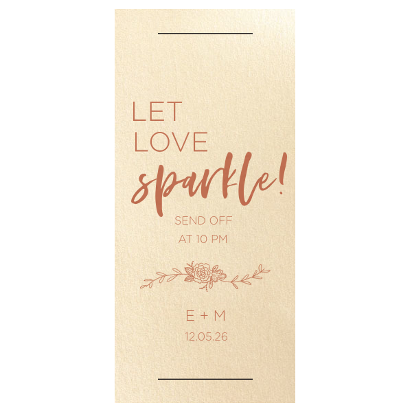 Let love sparkle with a wedding send off to remember! Supply sparklers wrapped in these custom sparkler sleeves. Add the time, your initials and wedding date for a personal touch. Our Peony graphic will be a darling accent to your greenery theme. 