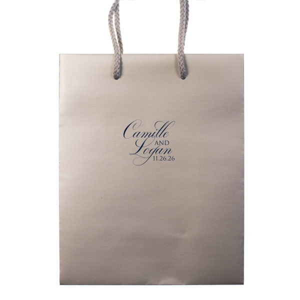 Our personalized Taupe Gift Bag with Matte Navy Foil will make your guests swoon. Personalize your party's theme today.