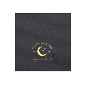 Set a celestial stage for your nuptials with the Celestial Matrimony Napkin, displaying the couple's names arched above a moon and stars, framed by the wedding date, and finished with the romantic phrase "Written in the Stars." A heavenly touch for your star-crossed celebration.