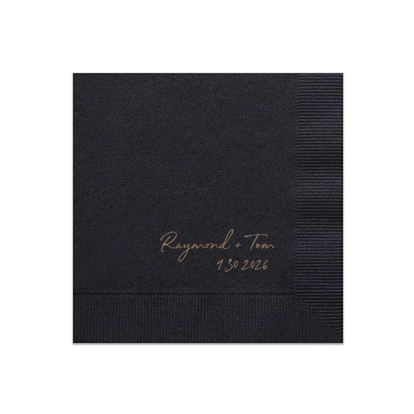 The Elegant Handwritten Couple’s Napkin elegantly displays the couple’s names in a flowing script, connected by a plus sign, above a chic, European-styled date. Its design merges simplicity with an elegant flair, perfect for weddings and special celebrations.