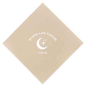 Unite under the stars with the Celestial Love Date Napkin, where the couple's names form an arch over a serene star and moon graphic, complemented by the wedding date in a clean, minimal style. A heavenly detail for your special day.