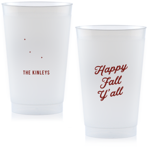 celebrate the autumn season with the Happy Fall Y'all Cup. Printed in your choice of cup style and ink color, make your family gatherings all the more personal this season.