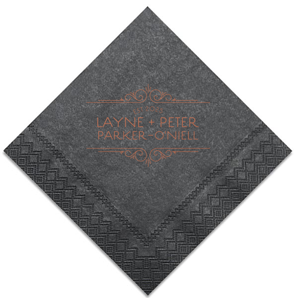 Step back into an era of elegance with the Vintage Deco Frame Napkin, featuring an exquisite Art Deco frame that spotlights the couple's names and wedding year. Each detail swirls together, drawing eyes to the heart of your timeless celebration.