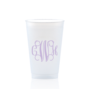 The Artistic Flourish Vine Monogram Frosted Cup design elegantly showcases a monogram of intertwined vine-like flourishes. This complex, artistic, design invites a closer look to decipher the initials, making a sophisticated and decorative statement that reflects the couple's unique style and penchant for flair.