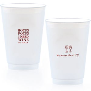 The Hocus Pocus Focus Cup is the ideal custom Halloween party accessory.  Featuring the phrase "hocus pocus I need candy to focus" and a modern and minimal graphic of wine glasses, you can personalize with your name, and the year. This chic Halloween accessory will be a hit at your autumnal events. 