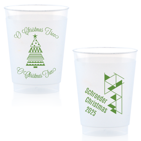 Our personalized Matte Moss Green Ink 16 oz Frost Flex Cup with Matte Moss Green Ink Print Color has a Geo Christmas Tree 2 graphic and a Triangles2RSVP graphic and is good for use in Lovely Press themed parties and will make your guests swoon. Personalize your party's theme today.