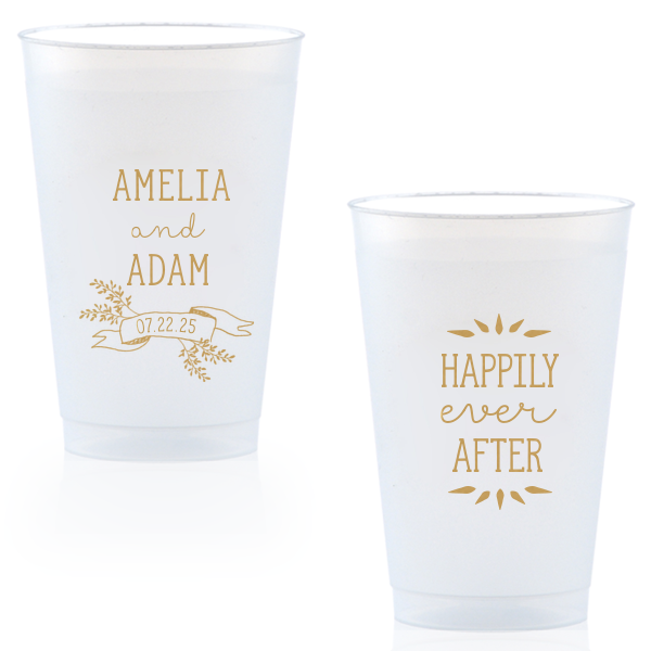 Our beautiful custom Gold Ink 14 oz Frost Flex Cup with Gold Ink Cup Ink Colors has a Twig Banner graphic and is good for use in Wedding, Floral themed parties and will add that special attention to detail that cannot be overlooked.
