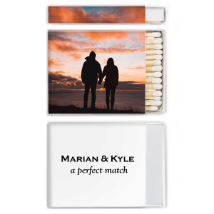 Our beautiful custom White Classic Custom Photo Matchbox with Matte Black Ink Digital Print Colors and Matte Fuchsia Ink Digital Print Colors will impress guests like no other. Make this party unforgettable.